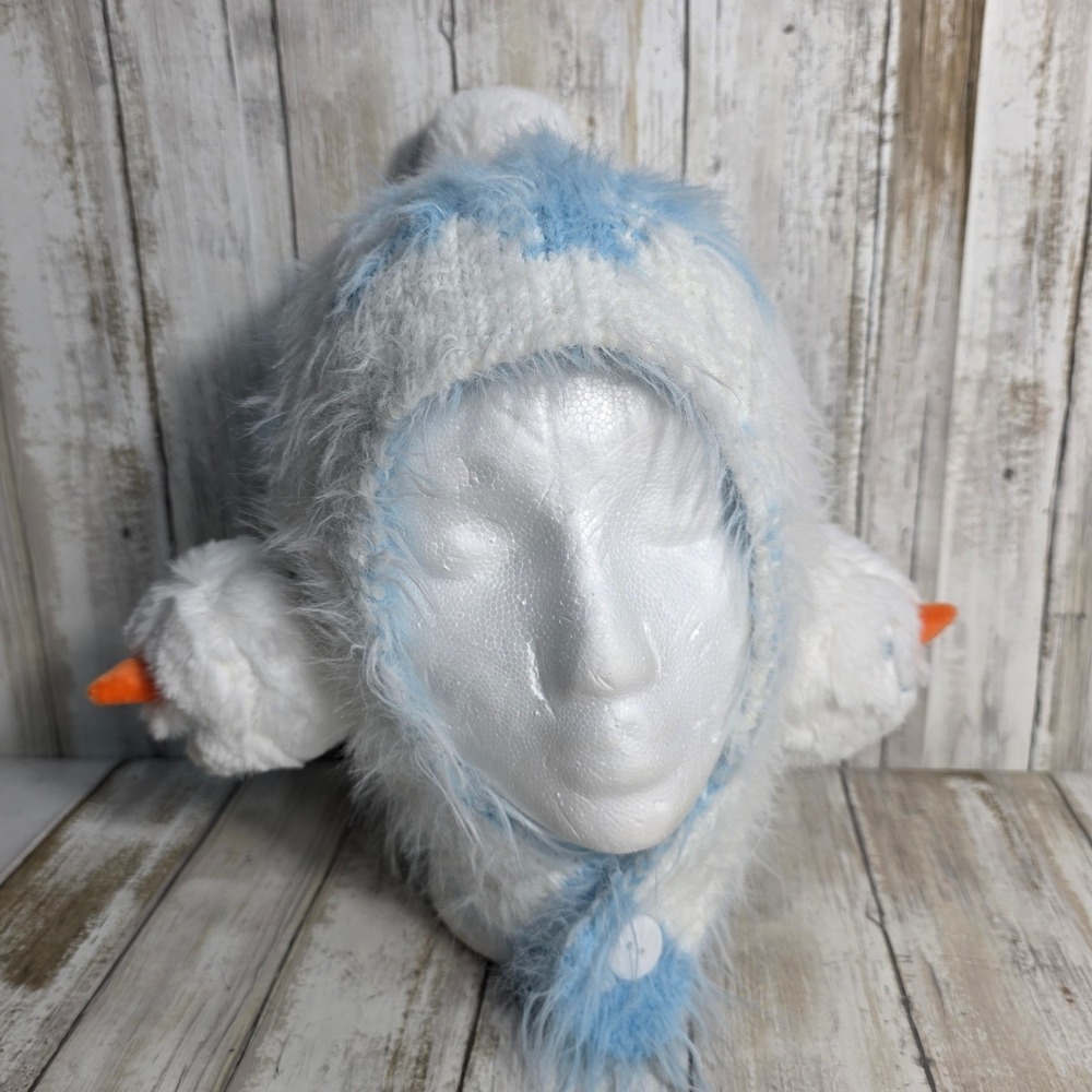 Enid Panda Snowman Trapper Hat Fuzzy Snowflake Knit Blue White Earflap Beanie